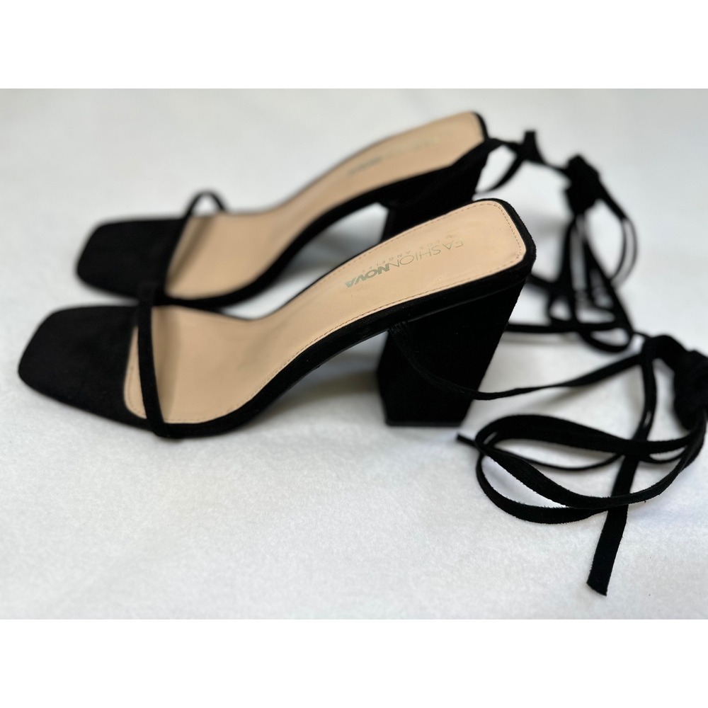 Lace Up Block Heels Womens 10 Black Square Toe Strappy Sandals Good